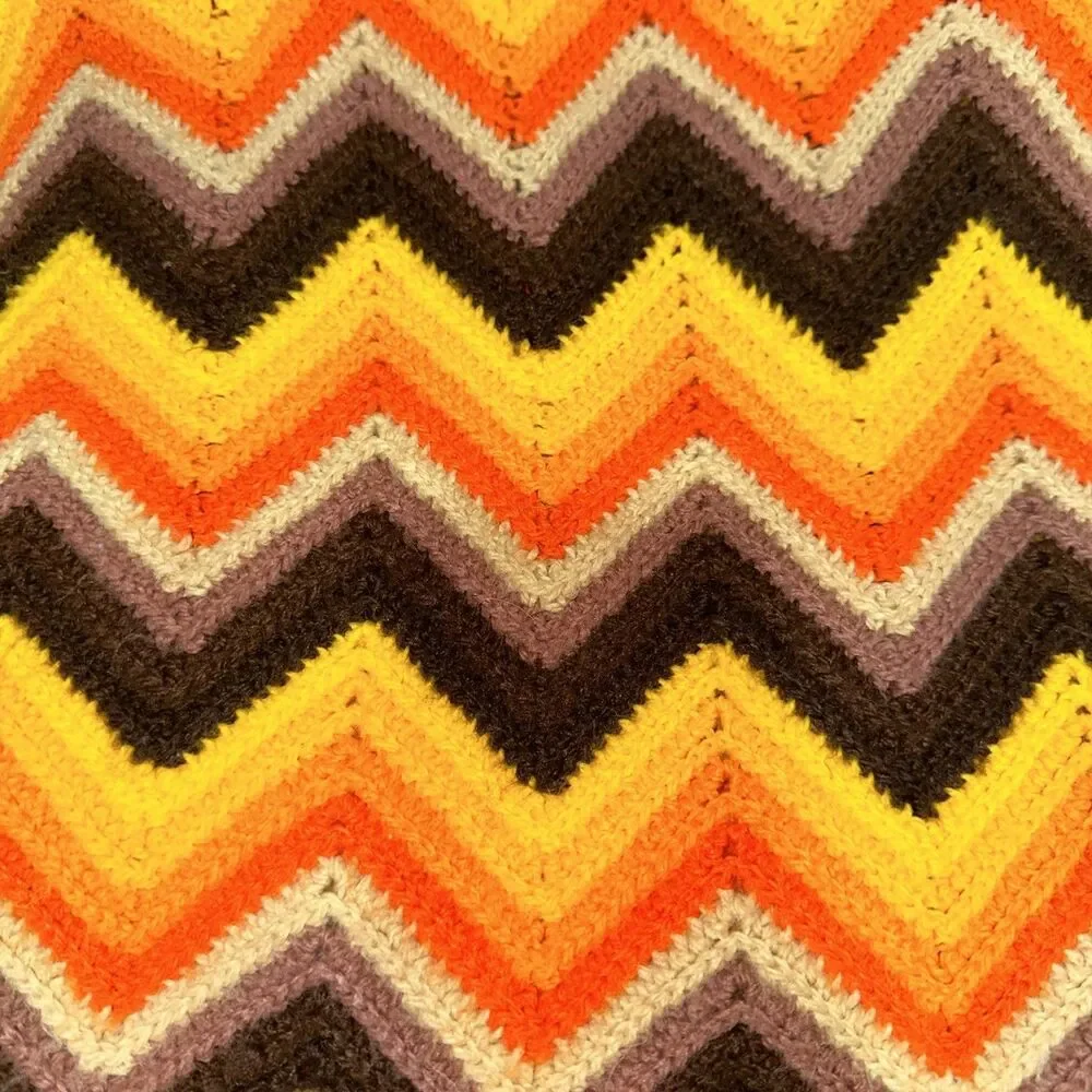 Vintage 70s Style Handmade Crochet Afghan Blanket 54x75 Zig Zag Chevron Brown